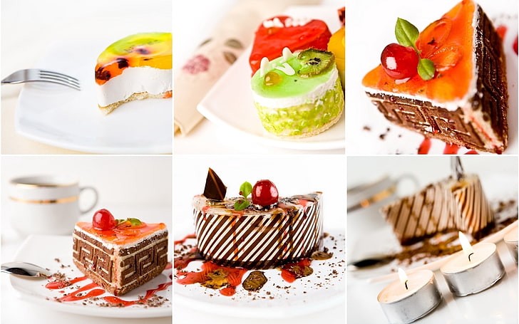 slice of cake collage, desserts, cakes, allsorts, laying, HD wallpaper
