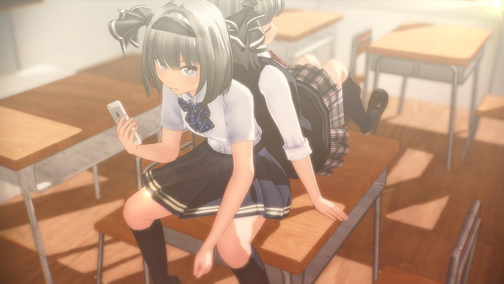 Konpaku Youmu, Touhou, uniforme scolaire, téléphone, Fond d'écran HD
