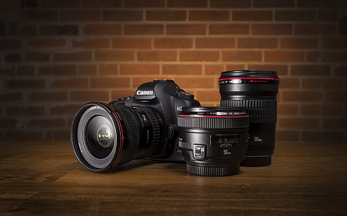 black Canon DSLR camera with camera lenses, the camera, lens, Canon EOS 5D Mark II, HD wallpaper HD wallpaper