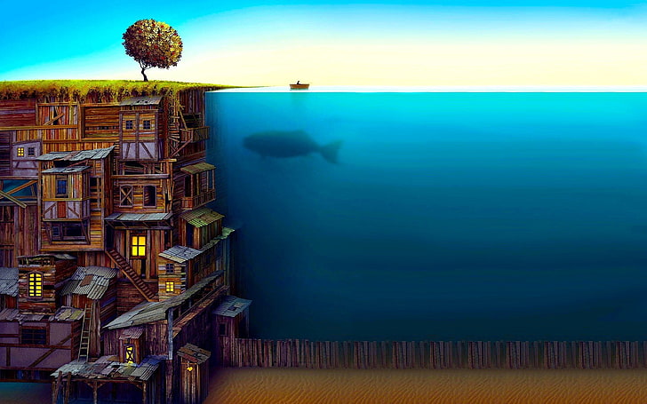Casas cerca del cuerpo de agua con bote y pintura de peces grandes, fantasía, ciudad, mágico, árbol, submarino, ballena, Fondo de pantalla HD