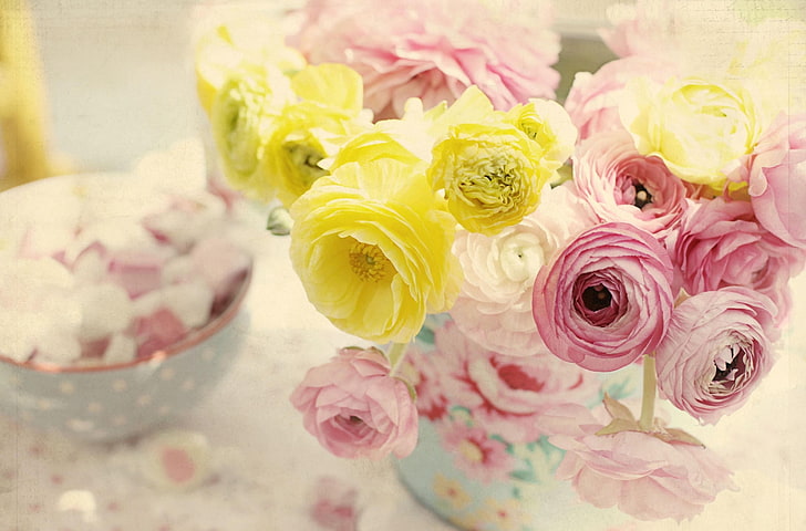 розови и жълти ранункулус цветя централен елемент, ранункулюс, цветя, ваза, нежност, HD тапет
