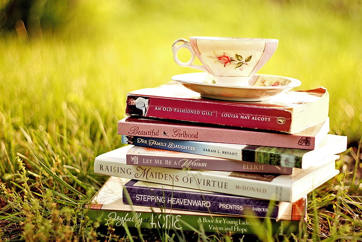assorted-title book lot, book, cup, saucer, grass, HD wallpaper