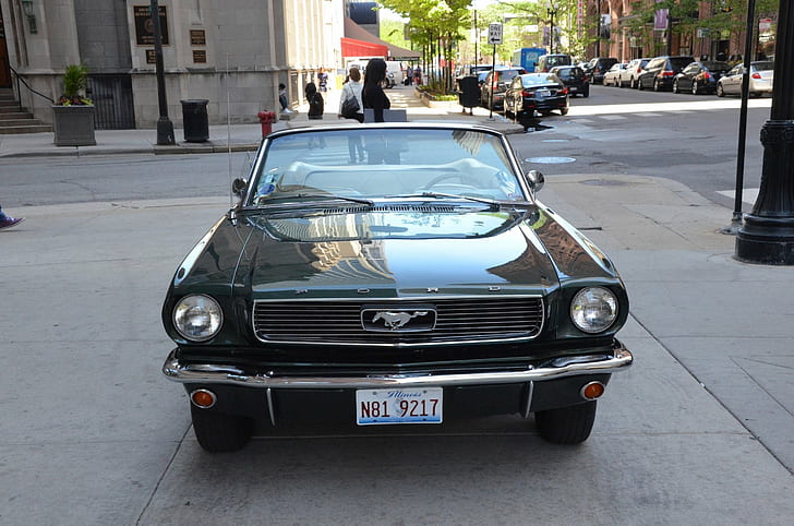 1966, convertible, ford, hijau, mustang, vintage, Wallpaper HD