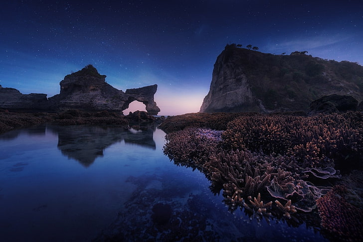 Earth, Night, Arch, Coral, Nature, Reflection, Rock, Seascape, Sky, HD wallpaper