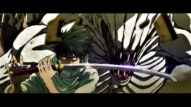 Jujutsu Kaisen, Yuta Okkotsu, demônio, Demon face, espada, katana, zangado, dentes, uniforme, anime, Captura de tela do anime, meninos do anime, HD papel de parede