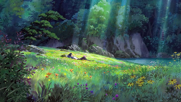 Kari-gurashi no Arietti, анимационни филми, аниме, анимация, кадри от филми, Studio Ghibli, Hayao Miyazaki, езерце, трева, цветя, лято, HD тапет