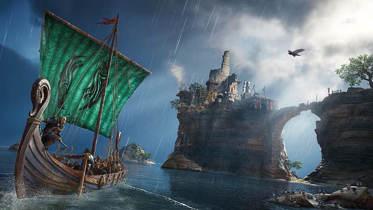 Assassin's Creed: Valhalla, video games, video game art, digital art, viking, Axe, boat, raven, HD wallpaper