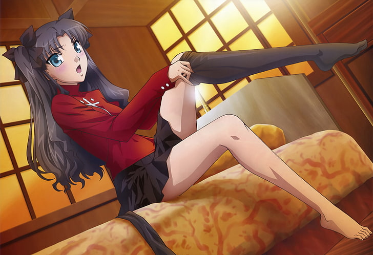 ilustração de personagem de anime de cabelos grisalhos, Tohsaka Rin, Fate Series, meia-calça, HD papel de parede