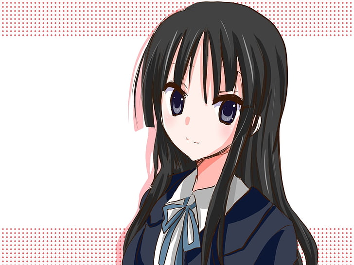 kvinnlig anime karaktär digital tapet, k-on, akiyama mio, flicka, brunett, blick, leende, HD tapet