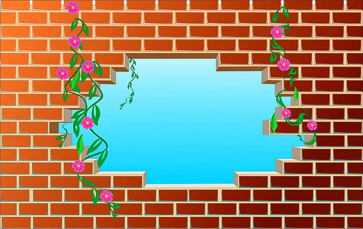 Brick Wall, brown brick wall graphic, brick, wall, beautiful, flowers, 3d and abstract, HD wallpaper