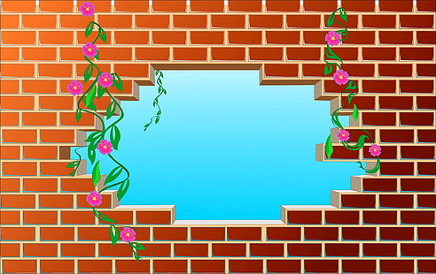 Backsteinmauer, braune Backsteinmauergraphik, Ziegelstein, Wand, schön, Blumen, 3d und Zusammenfassung, HD-Hintergrundbild HD wallpaper
