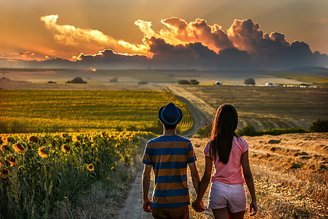 back, clouds, couple, field, Holding Hands, road, sunflowers, HD wallpaper HD wallpaper