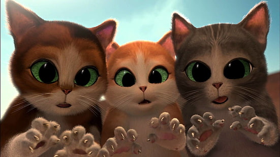 tres ilustraciones de gatos de varios colores, gatos, dibujos animados, sorpresa, cuento, gatitos, garras, ojos verdes, cortometraje, Gato con botas: los tres diablos, Gato con botas: tres diablillos, Fondo de pantalla HD HD wallpaper