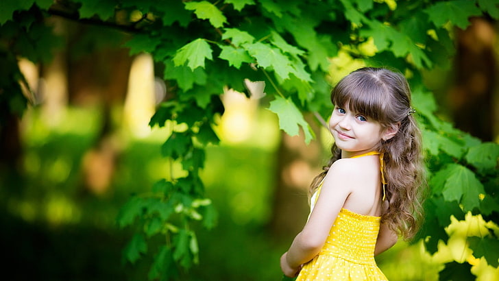 girl's yellow halter dress, children, leaves, yellow dress, bangs, smiling, HD wallpaper