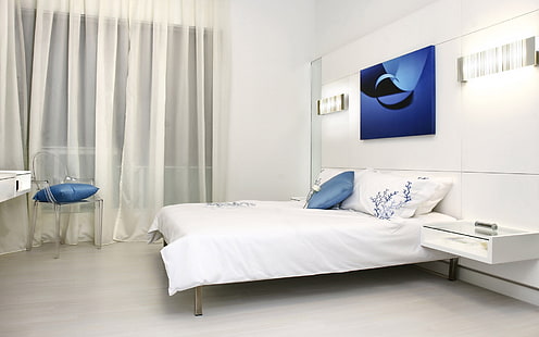 لحاف سرير أبيض ، غرفة ، سرير ، أثاث ، دهان ، داخلي، خلفية HD HD wallpaper