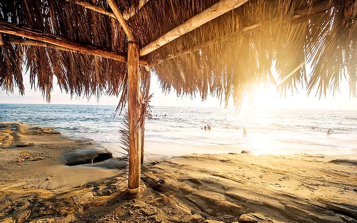 sand, sea, beach, sunset, people, stay, post, canopy, HD wallpaper