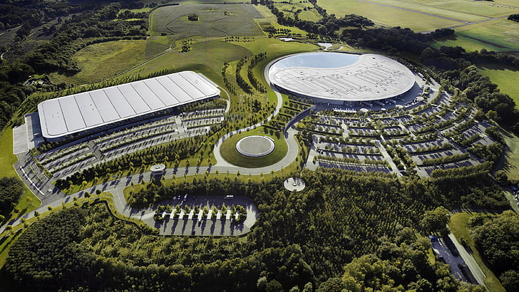 McLaren Technology Centre, car, aerial view, McLaren, HD wallpaper