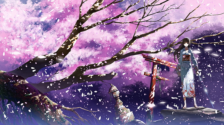 anime, cherry blossom, spring, anime girls, original characters, Japanese clothes, HD wallpaper
