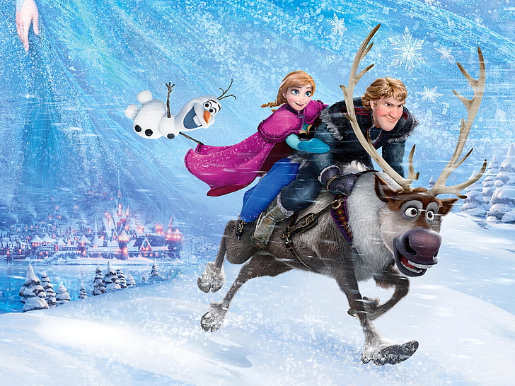 Disney Frozen постер, снег, снежинки, город, лед, олень, снеговик, замерзший, принцесса, королевство, Анна, Уолт Дисней, анимация, 2013, Холодное сердце, Олаф, Кристофф, Аренделл, Арундел, Свен, HD обои