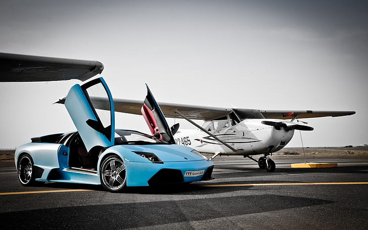 เครื่องบินสีน้ำเงินรถยนต์สนามบิน lamborghini รันเวย์ยานพาหนะ lamborghini murcielago ขอบรถสปอร์ตตึกระฟ้ารถยนต์ Lamborghini ศิลปะ HD, สีน้ำเงิน, เครื่องบิน, วอลล์เปเปอร์ HD