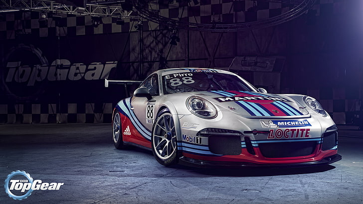 серое спортивное купе, Top Gear, Porsche 911, GT3 Cup, Martini Racing, HD обои
