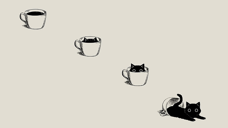 흰색 컵 클립 아트에 검은 고양이, 애니메이션, 만화, 미니멀리즘, 간단한 배경, 커피, 검은 고양이, 베이지 색, 고양이, 컵 커피, 동물, HD 배경 화면