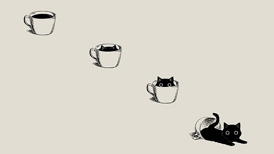 흰색 컵 클립 아트에 검은 고양이, 애니메이션, 만화, 미니멀리즘, 간단한 배경, 커피, 검은 고양이, 베이지 색, 고양이, 컵 커피, 동물, HD 배경 화면 HD wallpaper