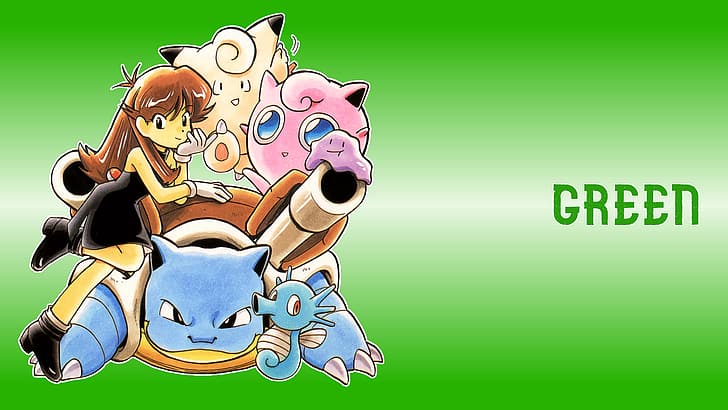 Pokémon, Pokemon First Generation, Blastoise, Jigglypuff, ditto, clefairy, simple background, brunette, cannons, gloves, white gloves, dress, black dress, looking at viewer, fictional character, fictional creatures, boots, black boots, turtle, seahorses, fairies, anime girls, video games, Nintendo, GameBoy, retro games, bangs, blunt bangs, ahoge, video game girls, text, HD wallpaper