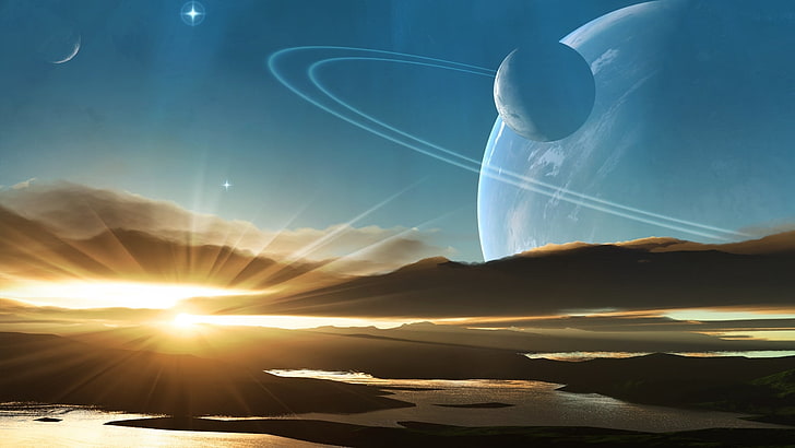 dois planetas e ilustração do nascer do sol, planeta, luz, saturno, desenho, HD papel de parede
