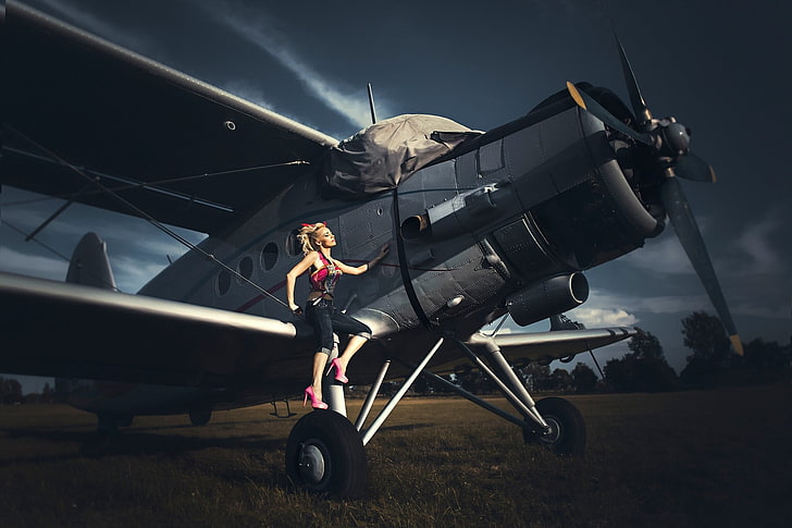 여성, 모델, 비행기, 비행기를 타는 여성, Antonov An-2, HD 배경 화면