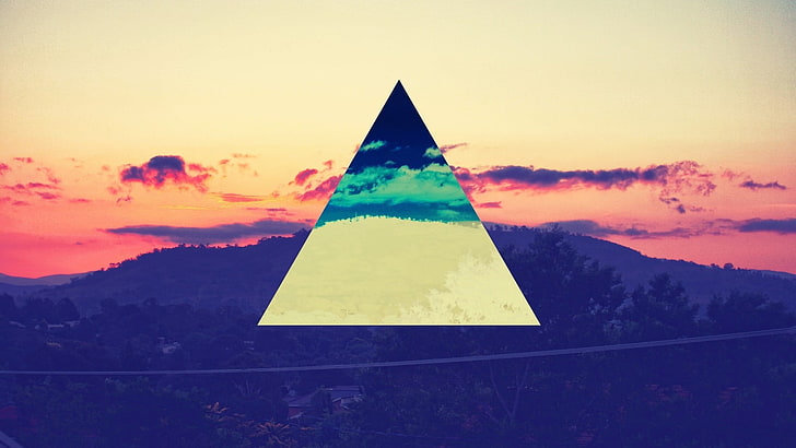 pyramid wallpaper, silhouette of mountain and trees, abstract, photo manipulation, polyscape, digital art, sky, clouds, triangle, HD wallpaper