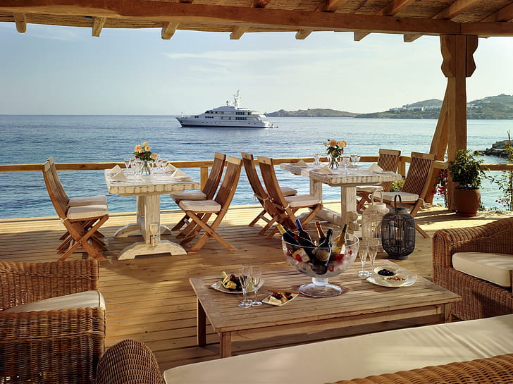 Restoran, pemandangan, bagus, indah, arsitektur, sampanye, modern, samudra, tenang, makanan, restoran, foto, minuman, Wallpaper HD