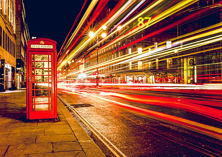 red telephone booth, night, lights, street, England, London, excerpt, phone, phone booth, long, telephone, HD wallpaper HD wallpaper