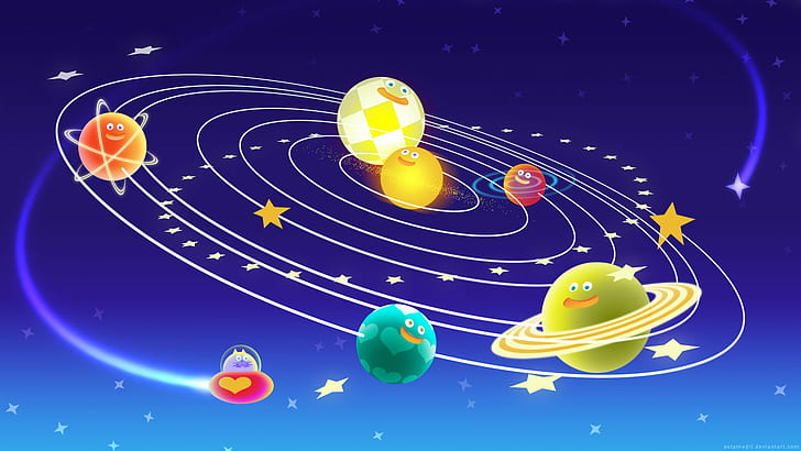 Blå bakgrund, cirkel, färgrik, humor, planet, leende, solsystem, utrymme, stjärnor, sol, HD tapet