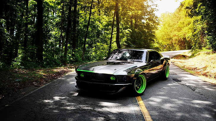 black and green Ford Mustang coupe, Ford Mustang, road, forest, HD wallpaper
