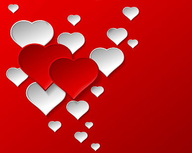 赤と白の心の図、愛、背景、心、赤、デザイン、ロマンチックなバレンタイン、 HDデスクトップの壁紙 HD wallpaper