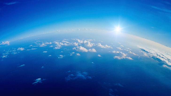 atmósfera, cielo, tierra, día, espacio, horizonte, atmósfera de tierra, luz solar, cielos, viajes aéreos, cielo azul, sol, océano, nube, Fondo de pantalla HD
