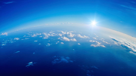 атмосфера, небо, земля, дневное время, пространство, горизонт, атмосфера земли, солнечный свет, небо, воздушное путешествие, голубое небо, солнце, океан, облако, HD обои HD wallpaper