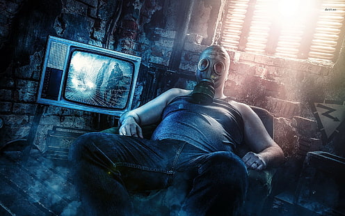 homem vestindo máscara de gás e regata, papel de parede gráfico, máscaras de gás, homens, apocalíptico, TV, HD papel de parede HD wallpaper