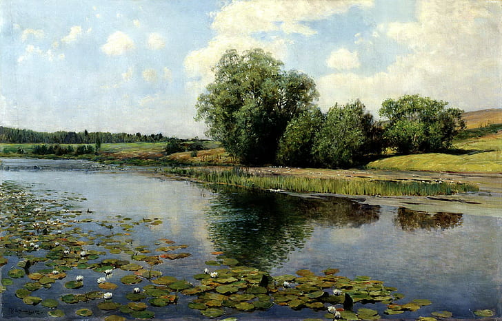 lukisan, bantalan bunga bakung, sungai, alam, refleksi, karya seni, seni klasik, Ilya Ostroukhov, Wallpaper HD