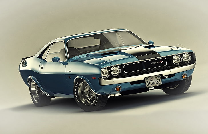 cupê Dodge azul, Músculo, Esquivar, Challenger, Carro, 1970, R / T, HD papel de parede