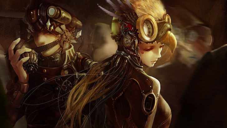 Kobieta-robot-nakrycie głowy tapeta, grafika, sztuka fantasy, grafika koncepcyjna, kobiety, steampunk, żołnierz, Tapety HD