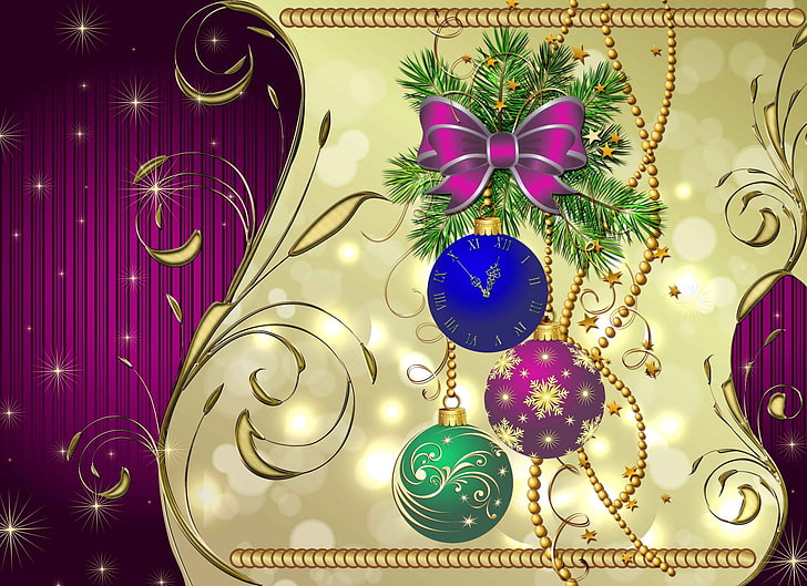 Vacaciones, Año Nuevo, Adornos navideños, Reloj, Dorado, Púrpura, Fondo de pantalla HD
