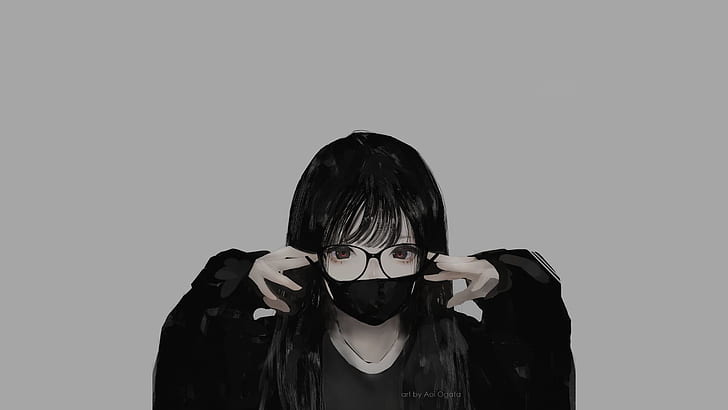 óculos, minimalismo, monocromático, máscara, Aoi Ogata, anime girls, anime, fundo simples, HD papel de parede