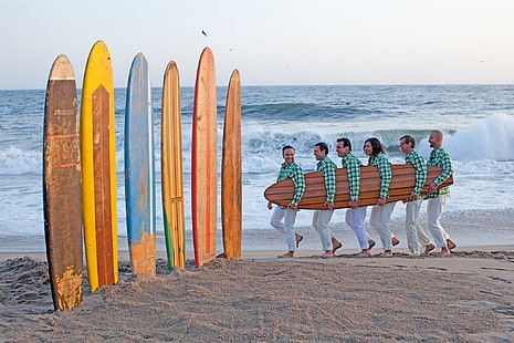 sette tavole da surf, Rammstein, R +, Mein Herz Brent, tavole da surf, spiaggia, persone, Sfondo HD HD wallpaper
