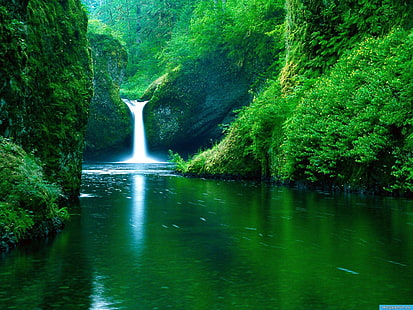 Wasserfall im Fluss, Wasserfälle, umgeben von grünen Bäumen digitale Tapete, Natur, Landschaft, schöne Natur Tapeten, erstaunliche Natur Tapeten, HD Natur Tapeten, HD-Hintergrundbild HD wallpaper