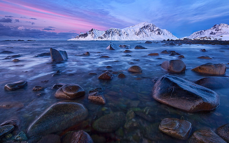 Szczyt Barf Lofoty wyspy norwegia zimowy krajobraz skały oceanu zaśnieżona panna pulpit tapeta hd na tablet pc i telefon komórkowy 3840 × 2400, Tapety HD