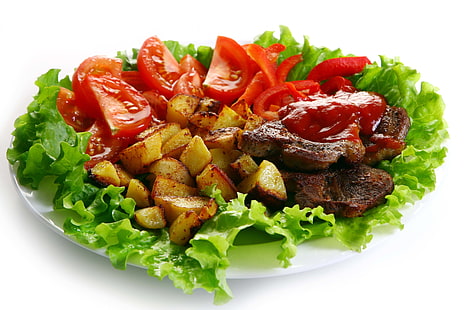 meat dish, meat, ketchup, potatoes, tomatoes, lettuce, plate, cabbage, HD wallpaper HD wallpaper