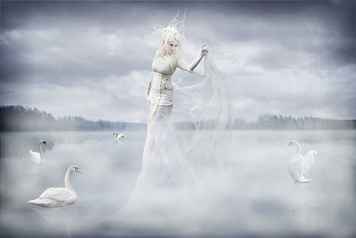 Ghost Of Swan Lake, lady, fantasy, swans, smoke, snow, white, winter, 3d and abstract, HD wallpaper