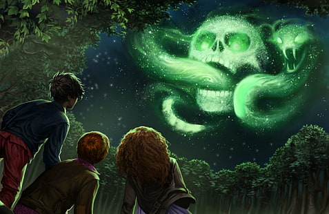 Harry Potter, Harry Potter et la coupe de feu, Hermione Granger, Nuit, Ron Weasley, crâne, ciel, serpent, Fond d'écran HD HD wallpaper